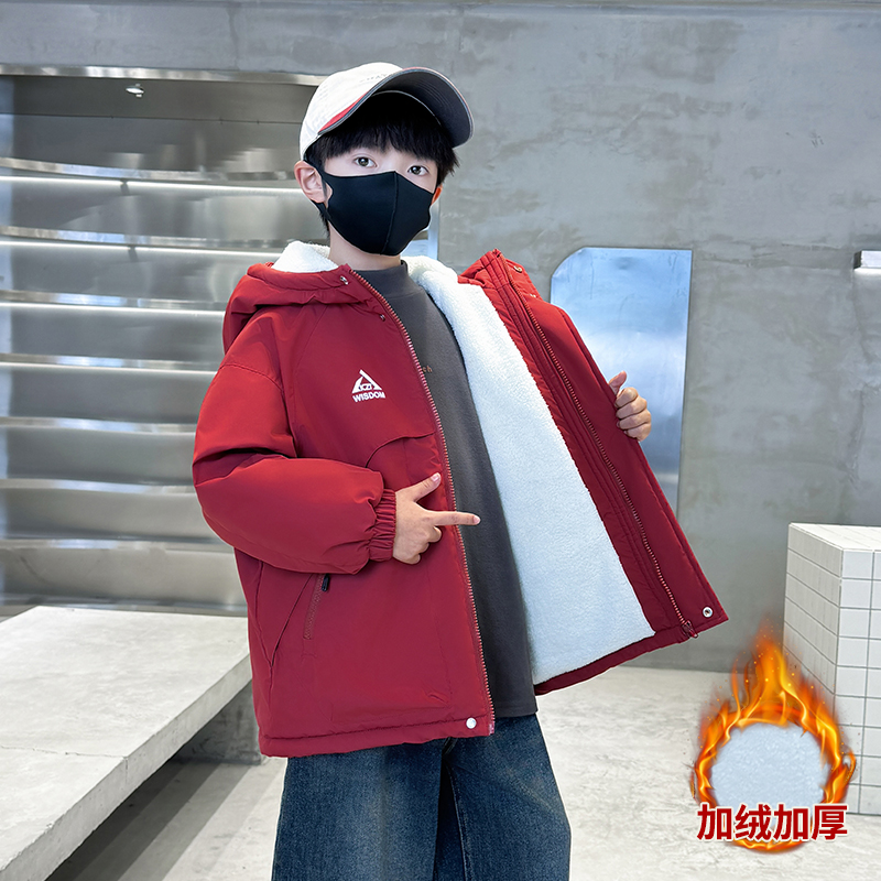 童装男童加绒厚外套2024新款中大童帅气冬季保暖派克服大男孩棉服