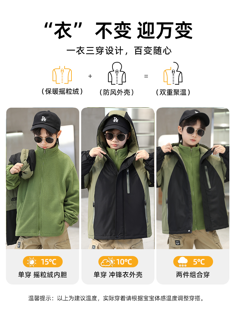 男童三合一冲锋衣夹棉加厚可拆卸秋冬装2023新款儿童冬季棉衣外套