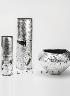 一匚新中式黑色银箔艺术陶瓷花器样板间售楼处客厅轻奢花瓶摆件