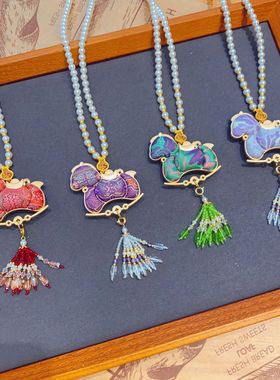 吊坠新中式非遗宋锦小马珍珠项链