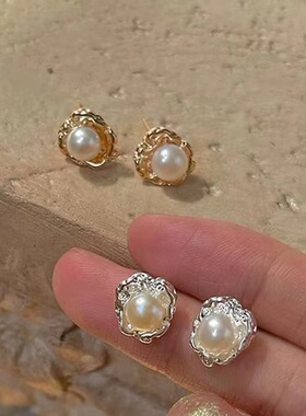 RONERAI金属复古合金女珍珠耳环