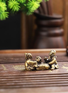 茶道铜艺铜宠小摆件复古铜雕喝茶老人铜趣铜手把件古玩小铜器铜玩