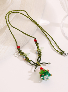 圣诞限定绿色蝴蝶结吊坠项链