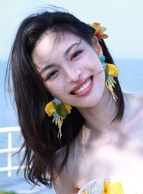 设计感黄色新款花瓣耳环女独特