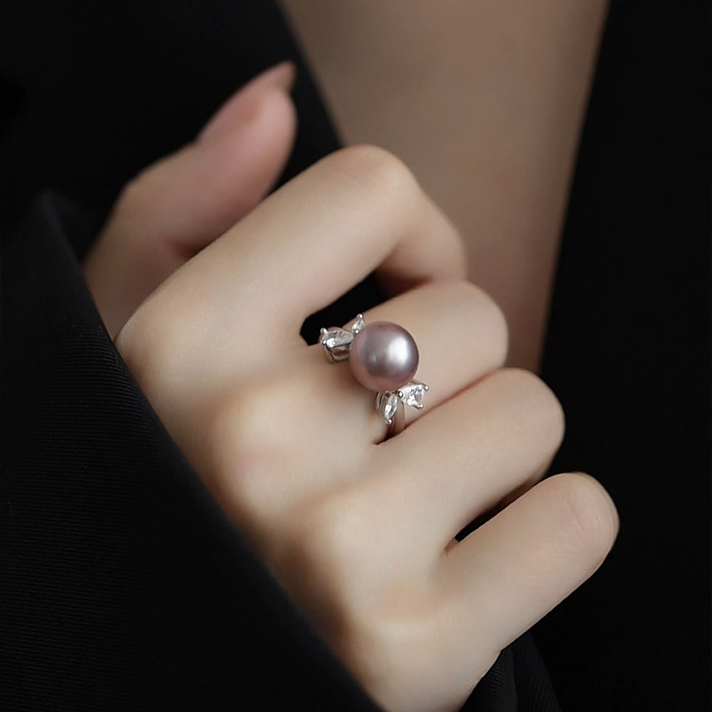 Jane's Jewelry Natural Freshwater Pearl Ring Women's Round Purple Butterfly Cool and Elegant Adjustable Ring