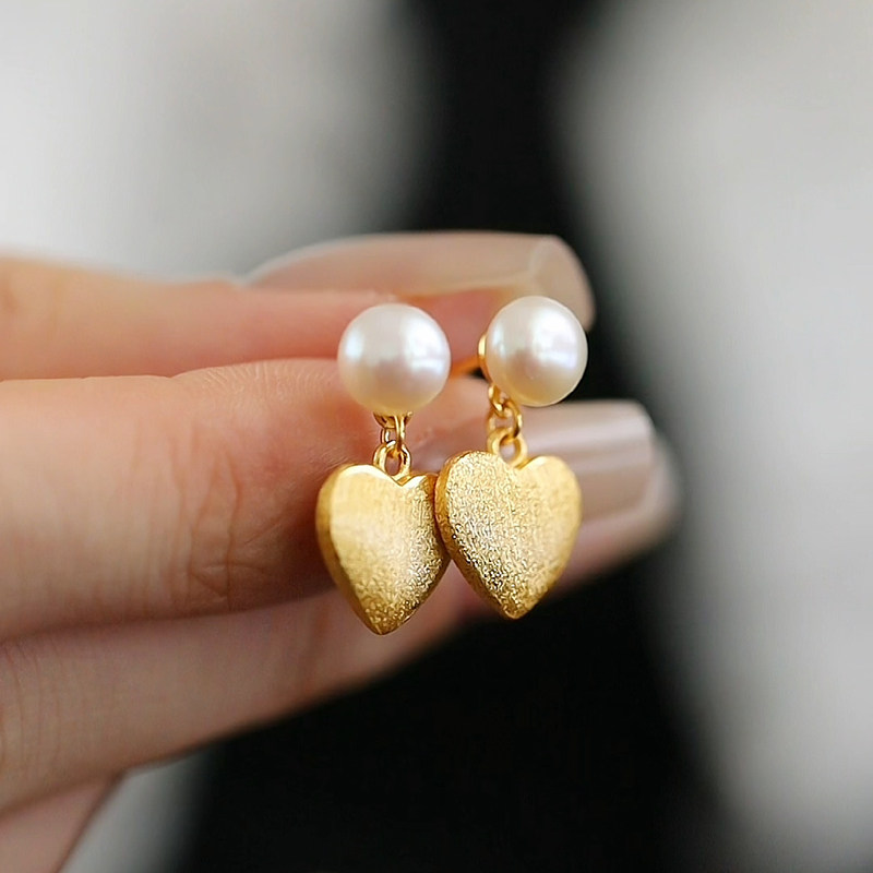 珍氏珠宝天然淡水珍珠耳钉女款磨砂拉丝爱心法式精致甜美耳坠耳饰,淘宝优惠券,粉丝福利购,淘宝优惠卷