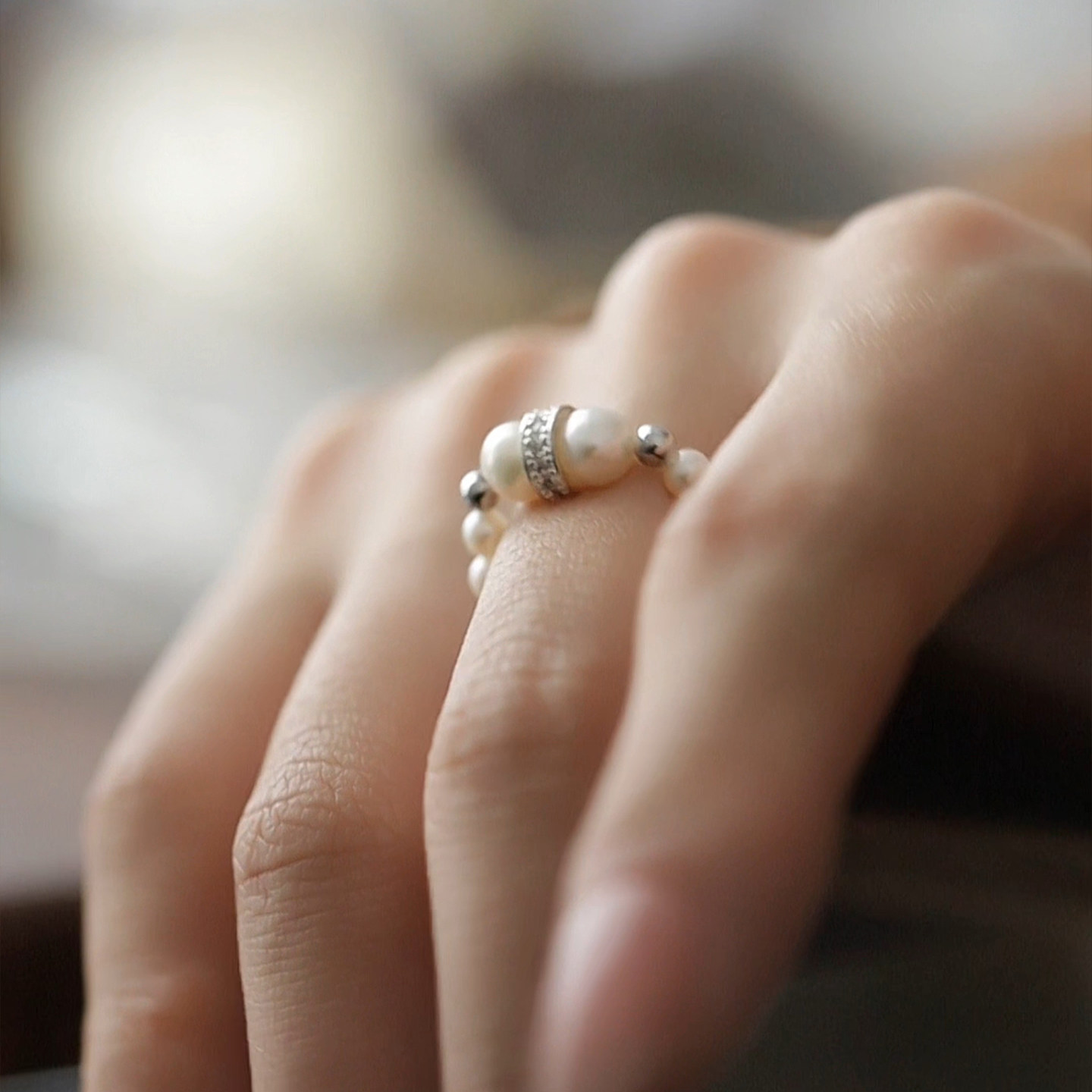 Jane's Jewelry Natural Freshwater Baby Bead Ring Women's Exquisite Fashion Niche High-end Full String Ring Ring