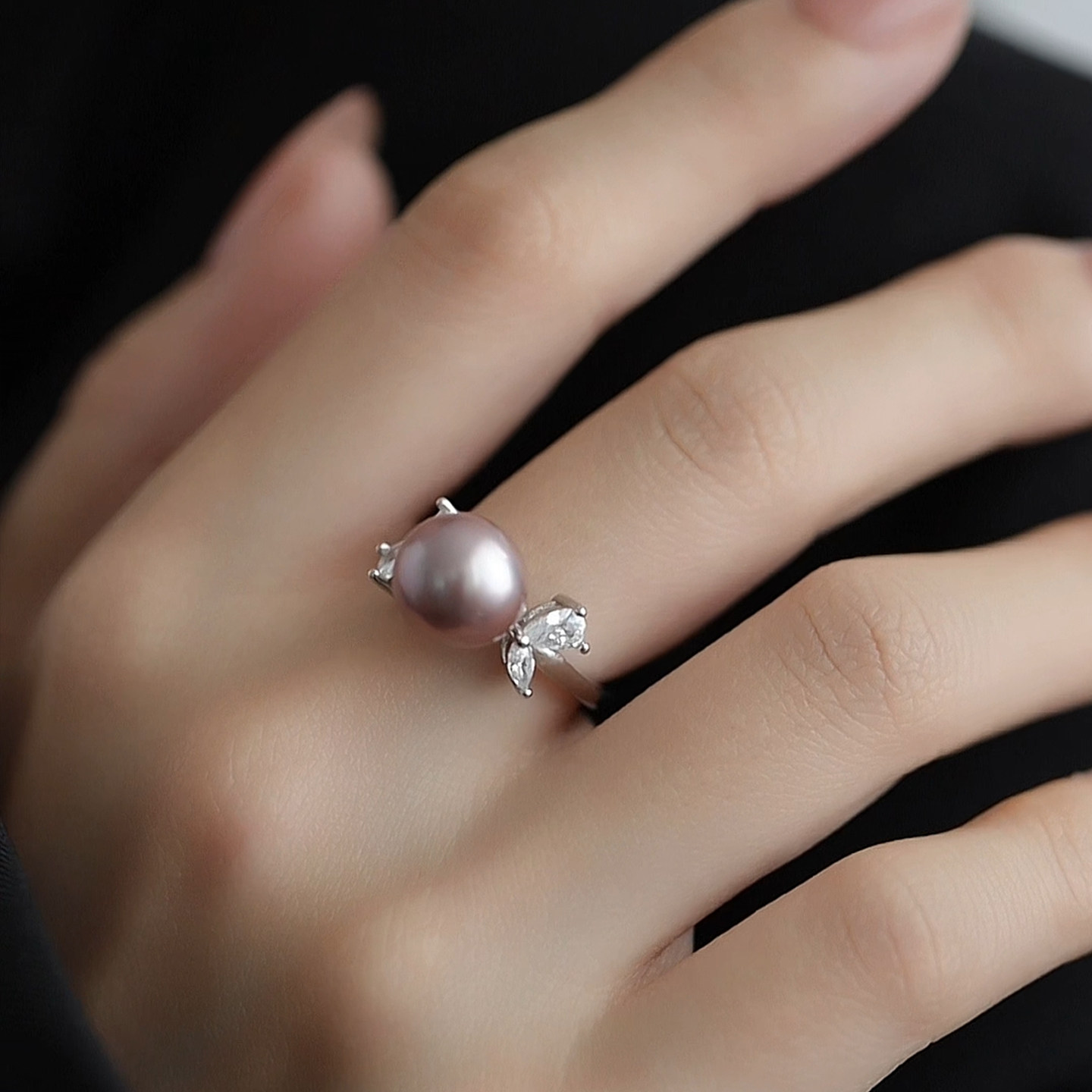 Jane's Jewelry Natural Freshwater Pearl Ring Women's Round Purple Butterfly Cool and Elegant Adjustable Ring