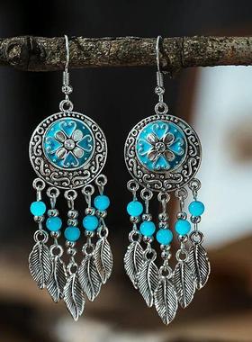 Vintage Ethnic Crystal Bead Leaf Dangle Earrings for Women S