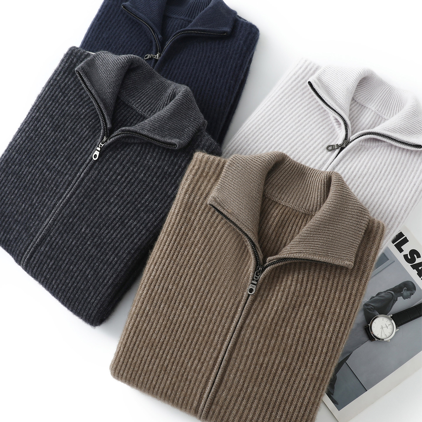 老钱风双拉链男羊绒衫立领开衫休闲保暖羊毛衫针织极简风通勤外套,淘宝优惠券,粉丝福利购,淘宝优惠卷