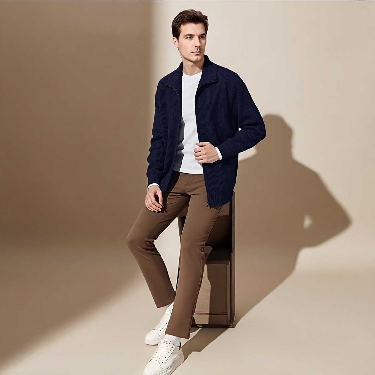 老钱风双拉链男羊绒衫立领开衫休闲保暖羊毛衫针织极简风通勤外套,淘宝优惠券,粉丝福利购,淘宝优惠卷