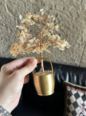 天然黄晶树一桶金发财树办公摆件