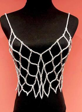 Handwoven pearl necklace, crystal body chain, crystal vest b