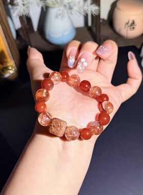 【一路长虹】 天然红胶花黑金超七手串 超七方糖红玛瑙 手链