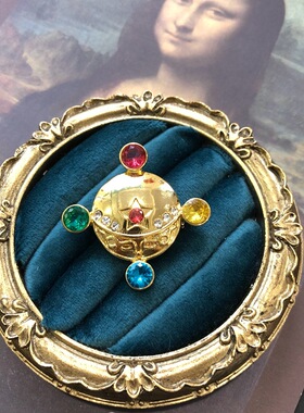 西洋欧美风复古款星球造型彩色宝石钻电镀真金胸针毛衣链