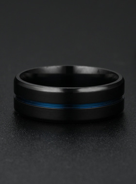 跨境货源配饰 不锈钢戒指黑色开槽间蓝双色饰品 时尚钛钢首饰