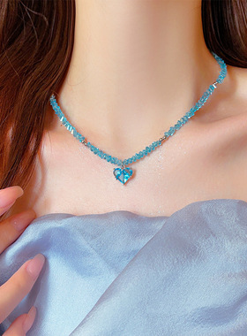 湖蓝色爱心水晶串珠项链夏清新甜美锁骨链气质网红三角碎水晶
