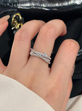 小红书三层环绕微镶钻拉丝戒指独特食指戒时尚个性感尾戒几何