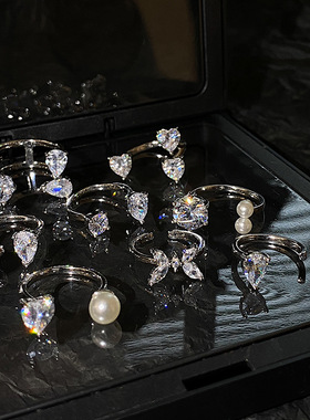 感闪钻开口食指戒指小众设计感关节尾戒锆石个性轻奢潮酷指环