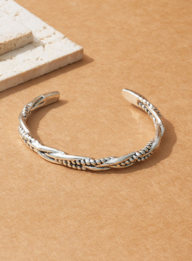 temu跨境 亚马逊新款复古个性金属麻花编织手镯开口设计手饰