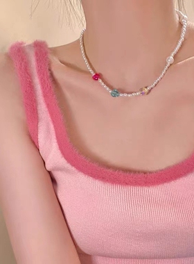 多巴胺少女清新彩色串珠珍珠项链女甜美可爱时尚百搭锁骨链颈链韩