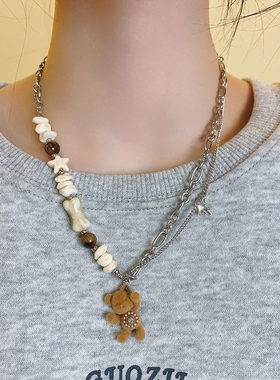 敲可爱～植绒小熊串珠吊坠项链女韩短款个性时尚休闲卫衣毛衣链潮