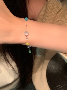 韩ins多巴胺甜美少女猫眼石彩色串珠手链女清新简约小众时尚手饰