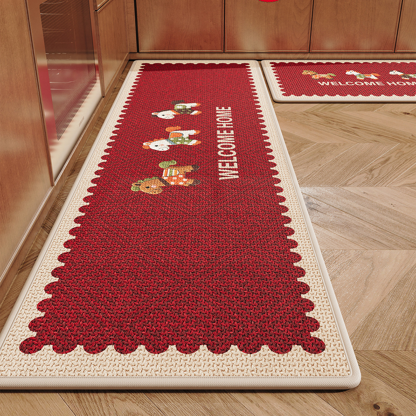 红色卡通厨房地垫防滑脚垫子高级感家用长条吸水速干耐脏免洗地毯,淘宝优惠券,粉丝福利购,淘宝优惠卷