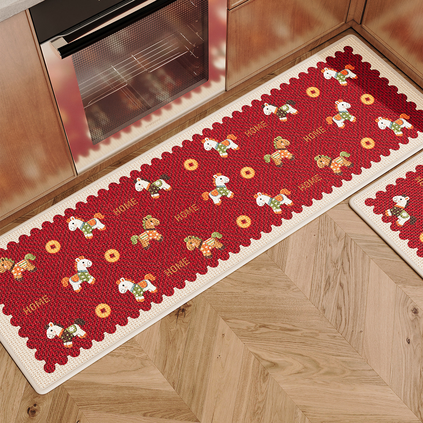 红色卡通厨房地垫防滑脚垫子高级感家用长条吸水速干耐脏免洗地毯,淘宝优惠券,粉丝福利购,淘宝优惠卷