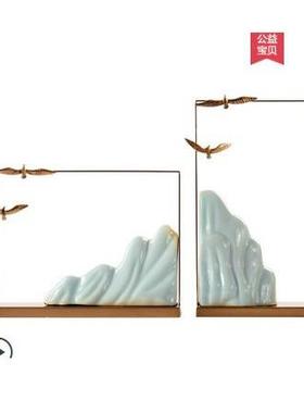 新中式酒店会所别墅客厅玄关软装家居装饰品陶瓷假山大鹏金属摆件