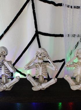 新品不听不看不说骷髅摆件万圣节家居微型骨架装饰树脂工艺品