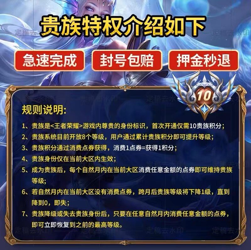 王者荣耀账户【低价贵族】王者送荣耀贵族积分代升V8V10等级提升安卓苹果ios