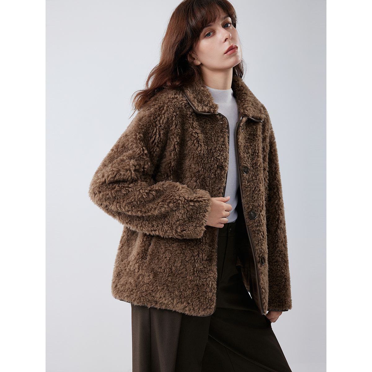 【100%绵羊毛】ELLE复古咖啡色毛绒短外套女2025冬新款羊羔毛上衣,淘宝优惠券,粉丝福利购,淘宝优惠卷