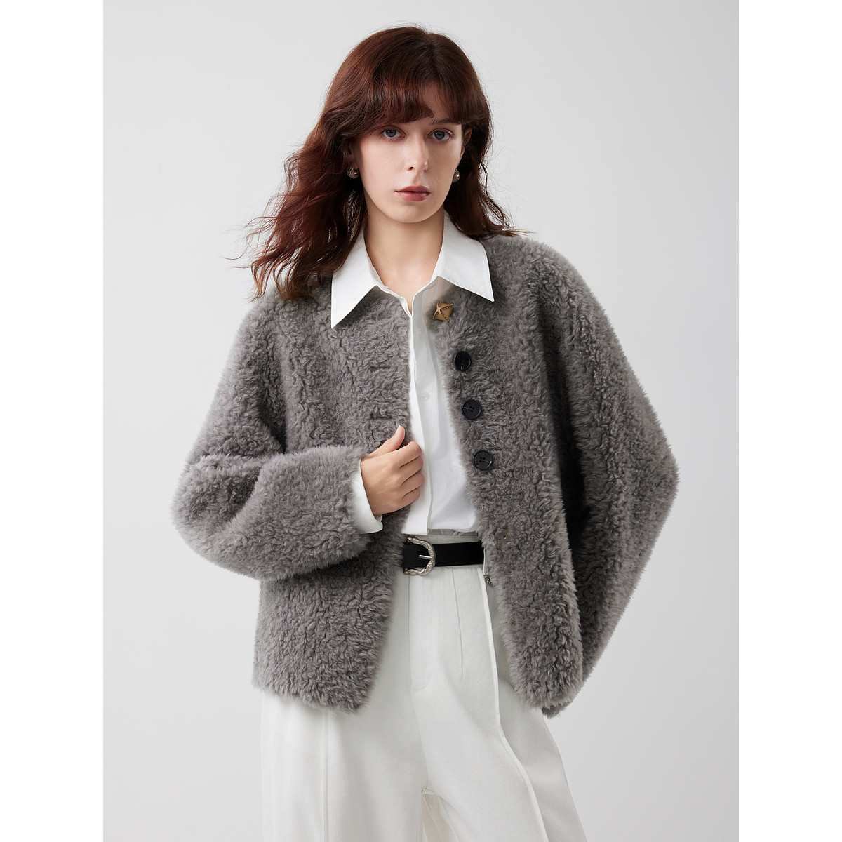 【100%绵羊毛】ELLE法式灰色毛绒短外套女2025冬通勤羊羔毛外套,淘宝优惠券,粉丝福利购,淘宝优惠卷