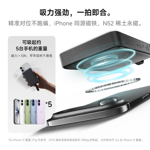 【3C认证】CUKTECH酷态科CP12磁吸电能块充电宝自带线电芯10000毫安时移动电源magsafe适用于iPhone苹果17 - 图2