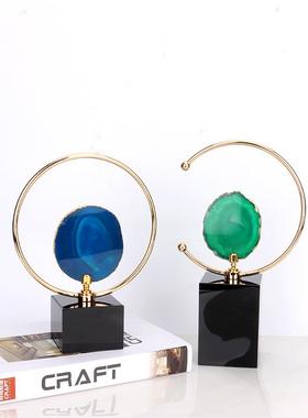 现代简约天然玛瑙石切片摆件电镀铁艺客厅玄光电视柜家居装饰品