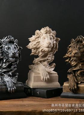 美式狮子头像复古动物树脂工艺品摆件玄关办公室酒柜软装装饰
