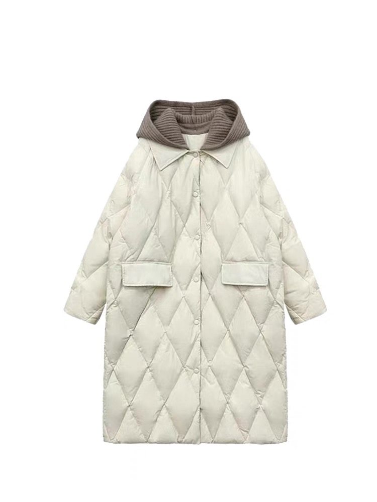 撤柜韩版针织帽羽绒棉服女中长款冬宽松连帽菱形格过膝羽绒棉外套,淘宝优惠券,粉丝福利购,淘宝优惠卷