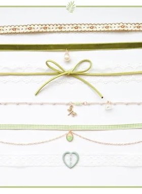 饰品项圈蝴蝶结锁骨链Choker颈链项链软妹绿色桃心森系颈带