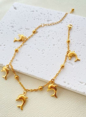 2025新款海洋风情18k电镀不锈钢海豚脚链手链套装仿真贝壳饰品