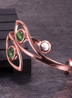 纯红铜女式手镯海豚绿色人造蛋白石磁性简约手环可调节开口首饰