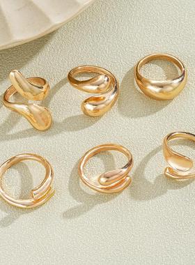 Golden Ring 6-piece Set欧美跨境夸张覆古不规则水滴金色戒指