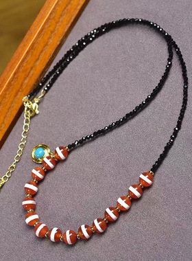 天然老西亚像是线珠项链藏式文玩佛珠简约复古黑晶石锁骨链饰品