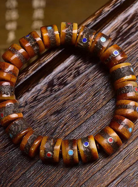 藏传牦牛骨多宝镶嵌桶珠手串单圈素串男女藏式文玩复古手链饰品