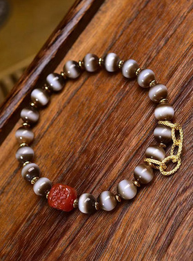 天日那老西亚镶蚀线珠手串单圈藏式文玩佛珠南红玛瑙琉璃配饰手链