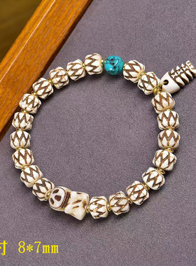 藏传回流骨雕刻吞噬手串桶珠单圈藏式文玩佛珠玛瑙料器配饰手链