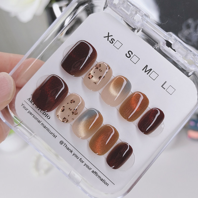 （长短可选）豹纹棕色渐变穿戴甲美甲贴片显白时尚指甲贴片可拆卸,淘宝优惠券,粉丝福利购,淘宝优惠卷