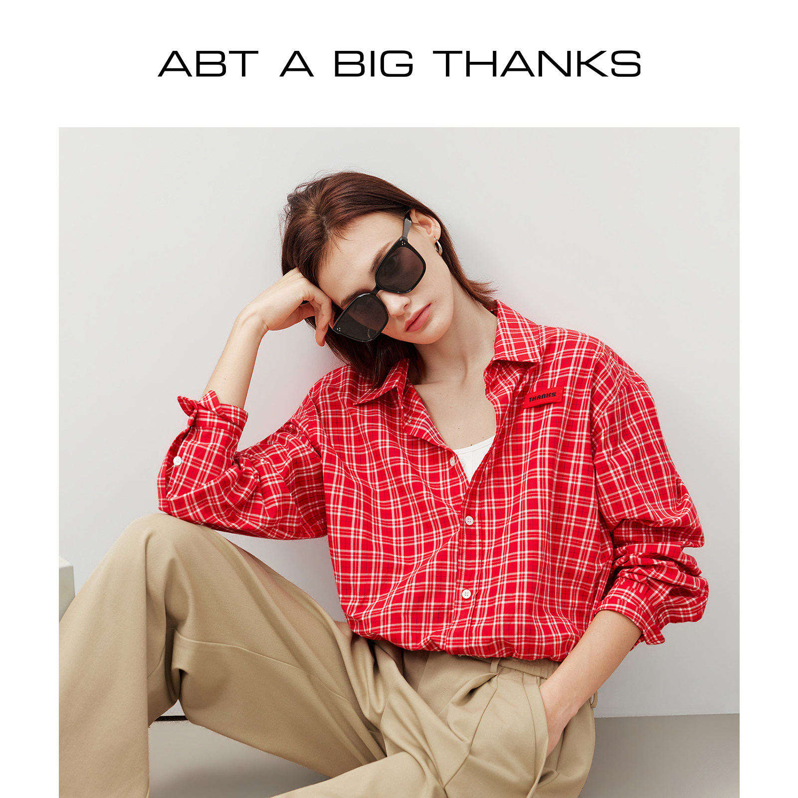 【倪妮同款】ABT ABIGTHANKS港式复古红色格子衬衫秋季全棉衬衣女 款衬实拍商品图
