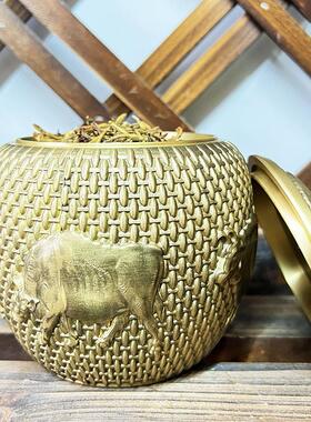 纯铜五罐牛茶叶罐密罐便携创意五牛图铜罐高储物黄PWK铜摆封件精