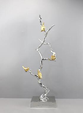 现镀代简约金属1437电手锤纹树枝鸟件玄关小酒摆店售楼处软装家居